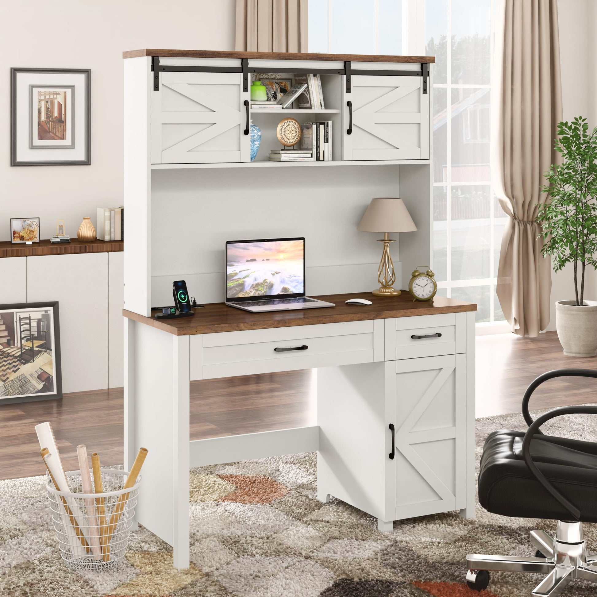 Befrases Farmhouse 47" Executive Desk, White Computer Desk with 2 Drawers and Storage Cabinet, Home Office Desk with Hutch, Charging Hub, Workspace for Work and Study. - WoodArtSupply