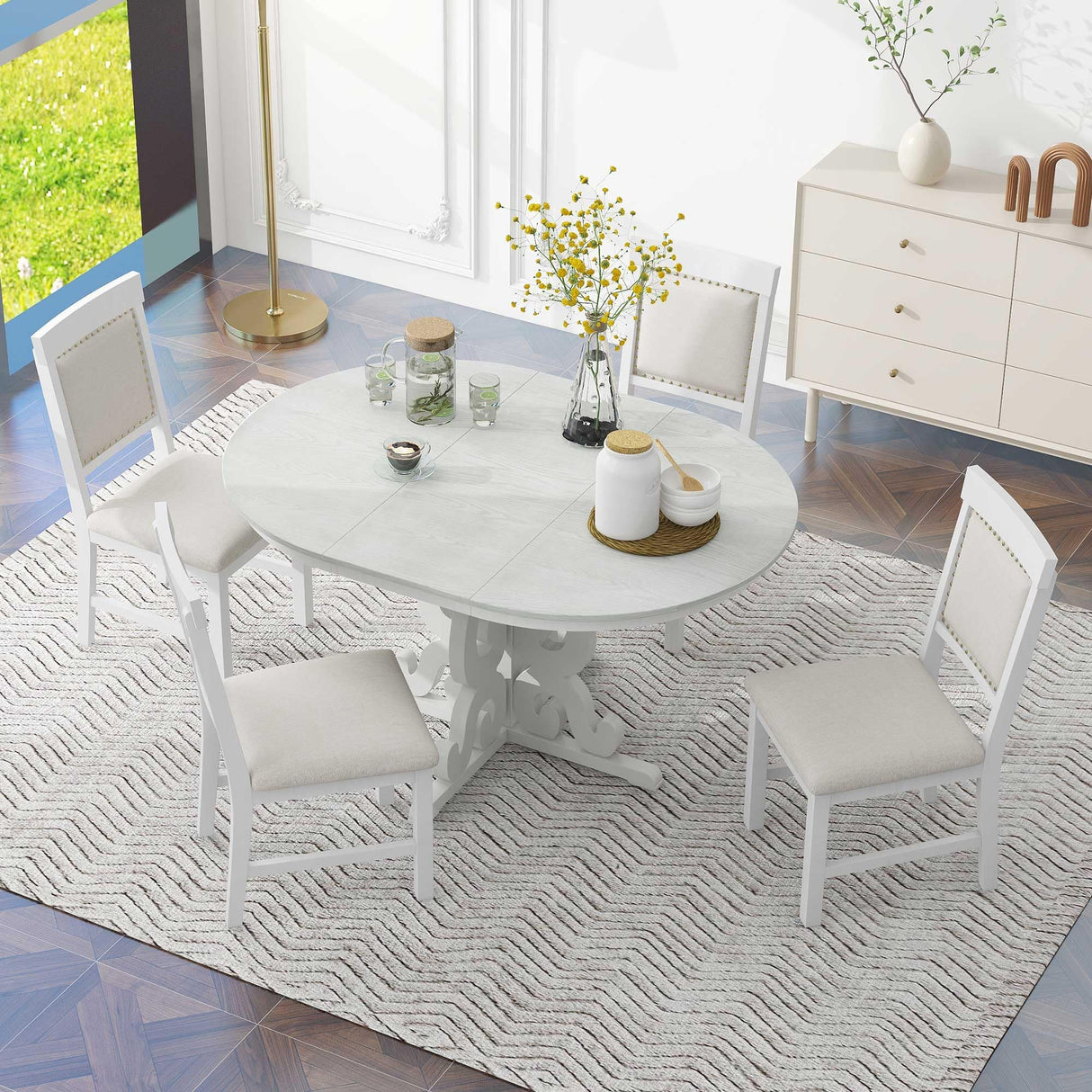 Merax Round Solid Wood Dining Table Set for 4, Farmhouse Kitchen Table Set with 4 Upholstered Chairs, 5-Piece Table and Chairs Set for Kitchen, Dining Room, Living Room, Antique White Merax