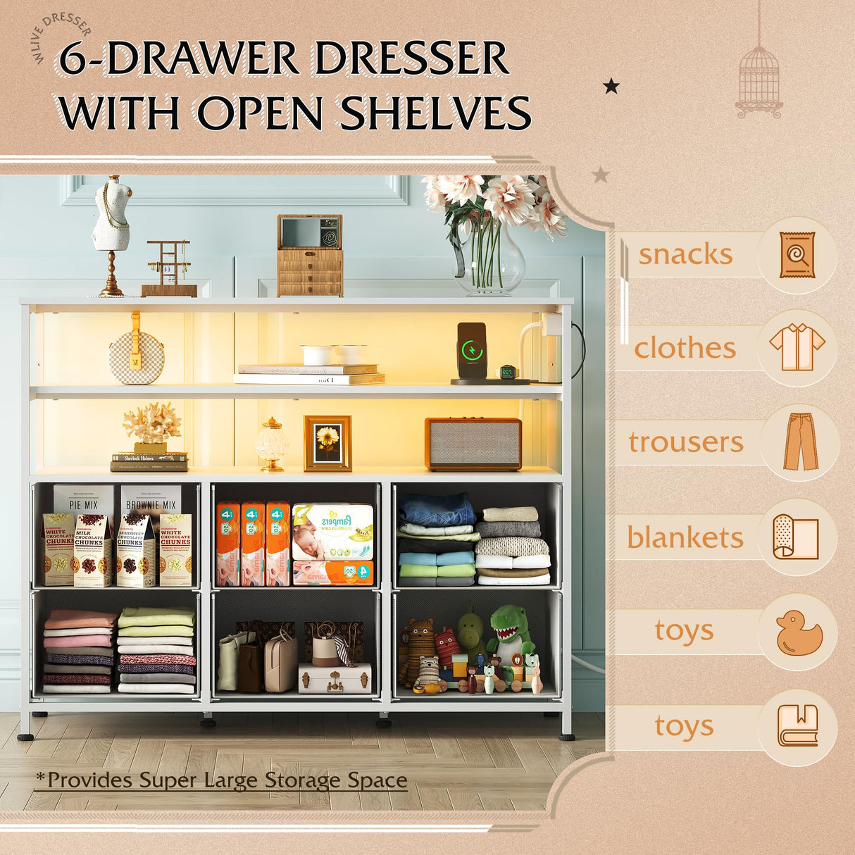 WLIVE Led Dresser for Bedroom, White Dresser TV Stand for Bedroom with LED Lights and Power Outlet, Wide Chest of Drawers with Open Shelves for Entryway, 6 Fabric Drawers and Wood Top for Living Room WLIVE