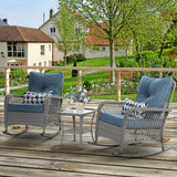 UDPATIO 3 Piece Patio Set Rocking, Rattan Outdoor Rocking Patio Bistro Set with 2 Rockers and 1 Side Table with 4‘’ Thick Cushions for Backyard, Porch, Balcony, Poolside(Blue) UDPATIO
