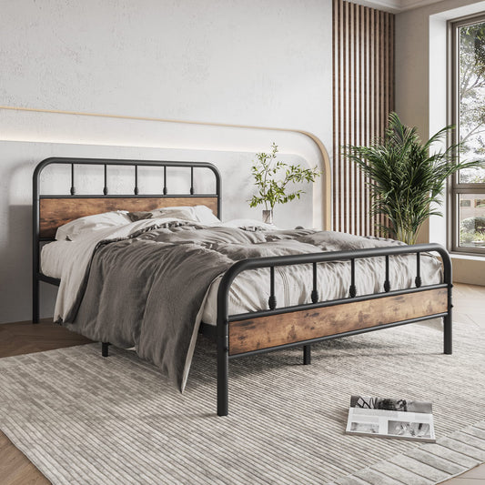 Elegant Home Products Full Size Metal Bed Frame with Rustic Vintage Wood Headboard and Footboard,Strong Metal Slats Support,No Box Spring Needed,Black - WoodArtSupply