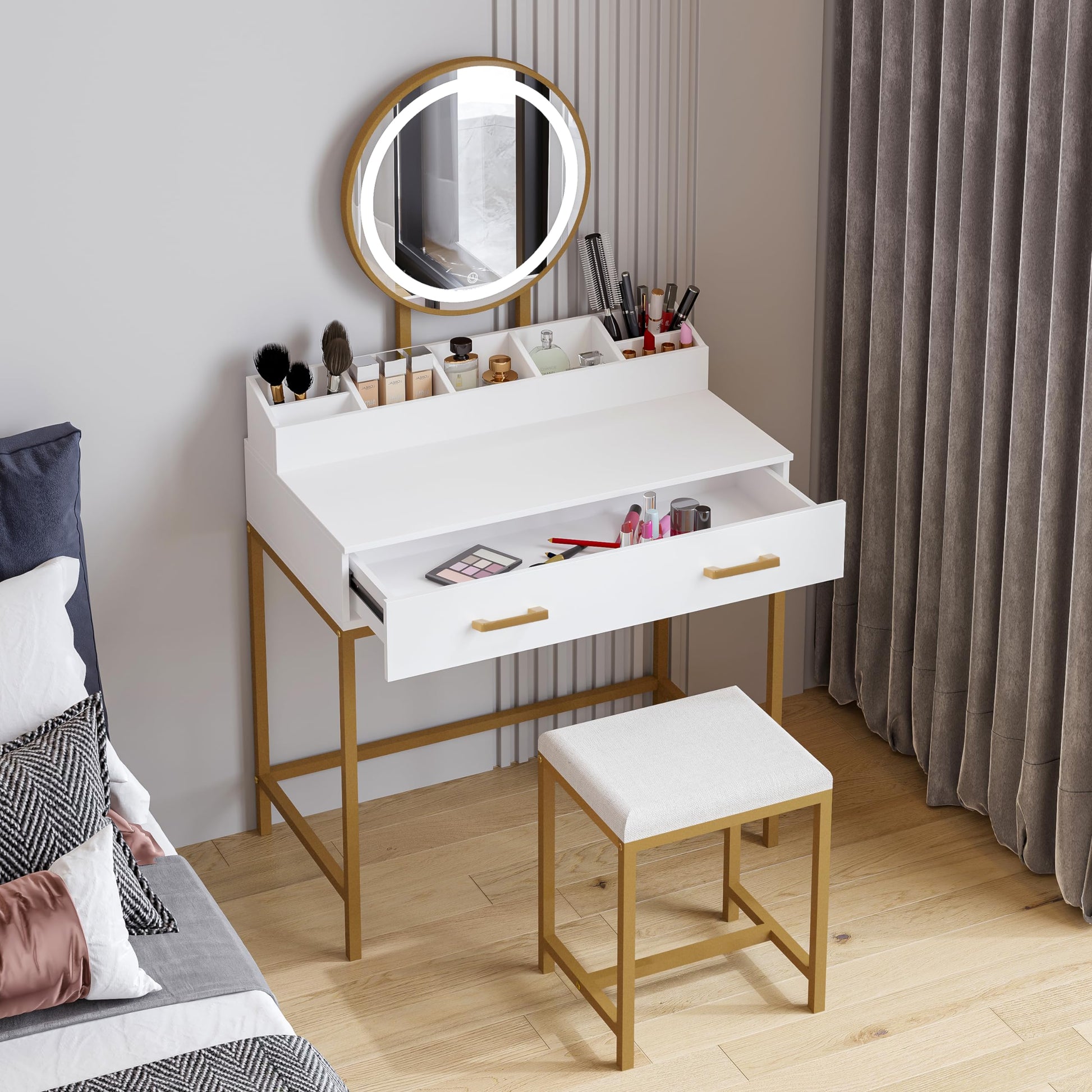 UTEX Makeup Vanity Desk with Mirror and Lights, Makeup Vanity Set with Drawers, Small Makeup Vanity Table, 3 Lighting Modes Dresser Desk and Cushioned Stool Set for Bedroom White and Gold - WoodArtSupply