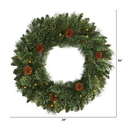 Nearly Natural 24in. White Mountain Pine Artificial Christmas Wreath with 35 LED Lights and Pinecones