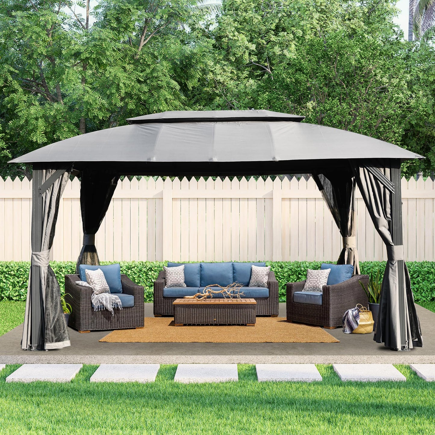 Domi Gazebo 10x14FT, Outdoor Gazebo with Double Roofs, Privacy Curtains, Mosquito Nettings, Heavy Duty Metal Frame Party Tent Canopy for Patio, Backyard, Deck, Lawn, Grey - WoodArtSupply