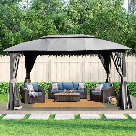 Domi Gazebo 10x14FT, Outdoor Gazebo with Double Roofs, Privacy Curtains, Mosquito Nettings, Heavy Duty Metal Frame Party Tent Canopy for Patio, Backyard, Deck, Lawn, Grey domi outdoor living