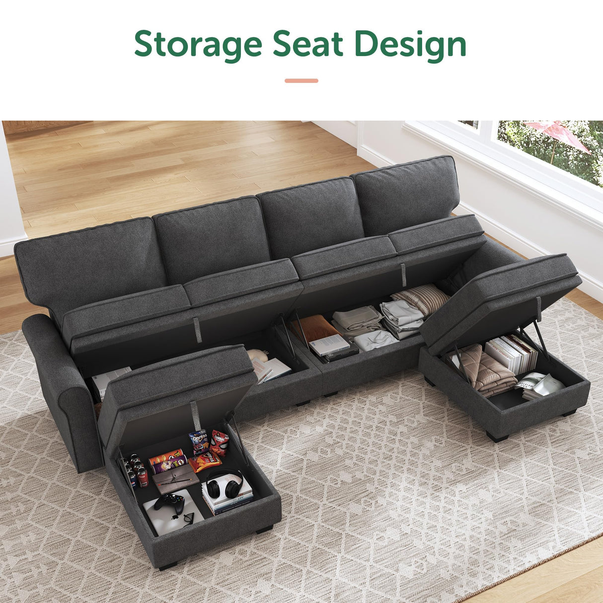 HONBAY Sectional Sofa with Storage Seat U Shaped Sectional Couch with Reversible Chaise Convertible Sectional Couch for Living Room,Dark Grey HONBAY