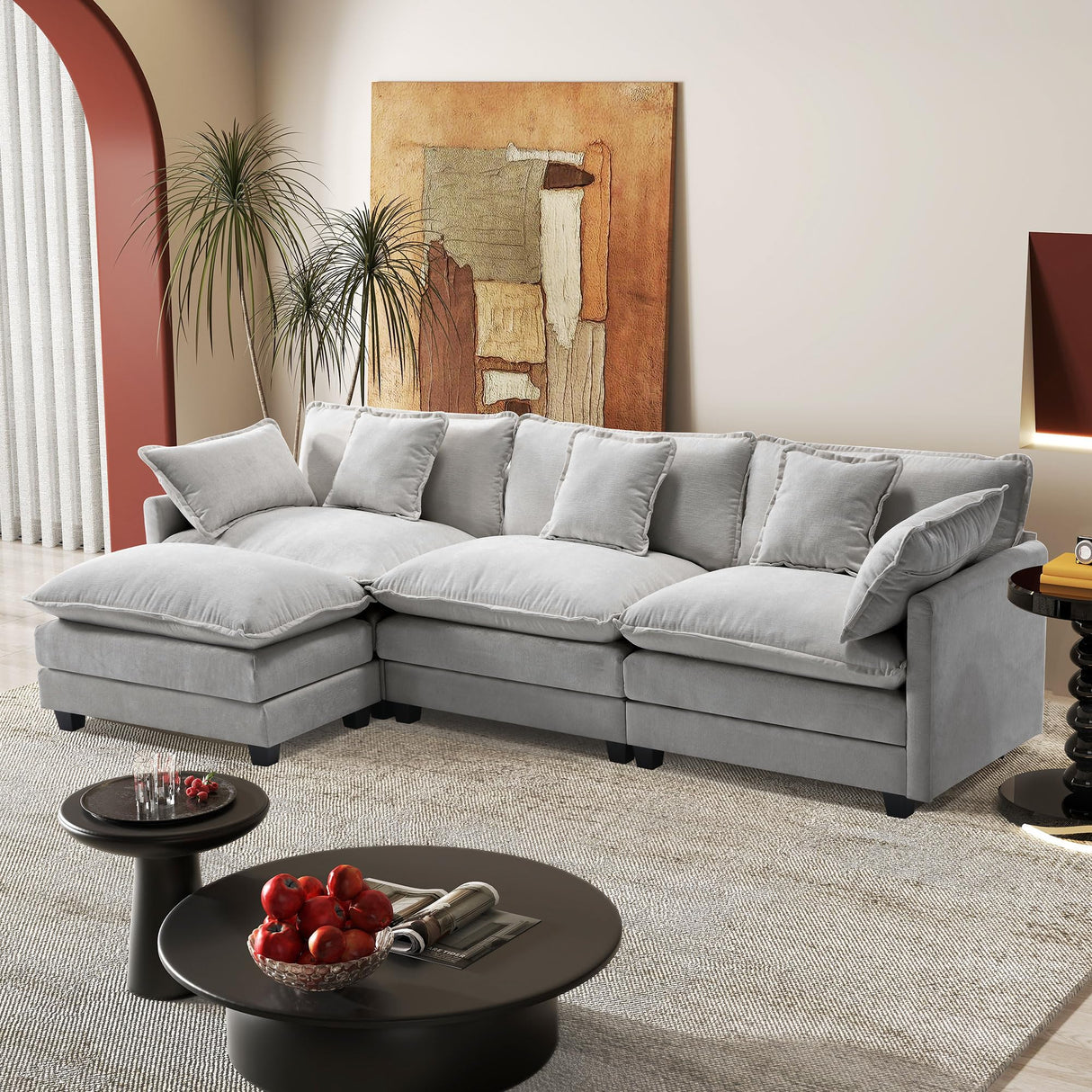 113.4" Modular Sectional Sofa,L Shaped Couch for Living Room,Modern Deep Seat Sofa 3 Seater Chenille Fabric Comfy Cloud Couches with Throw Pillows & Movable Ottoman Hanherry