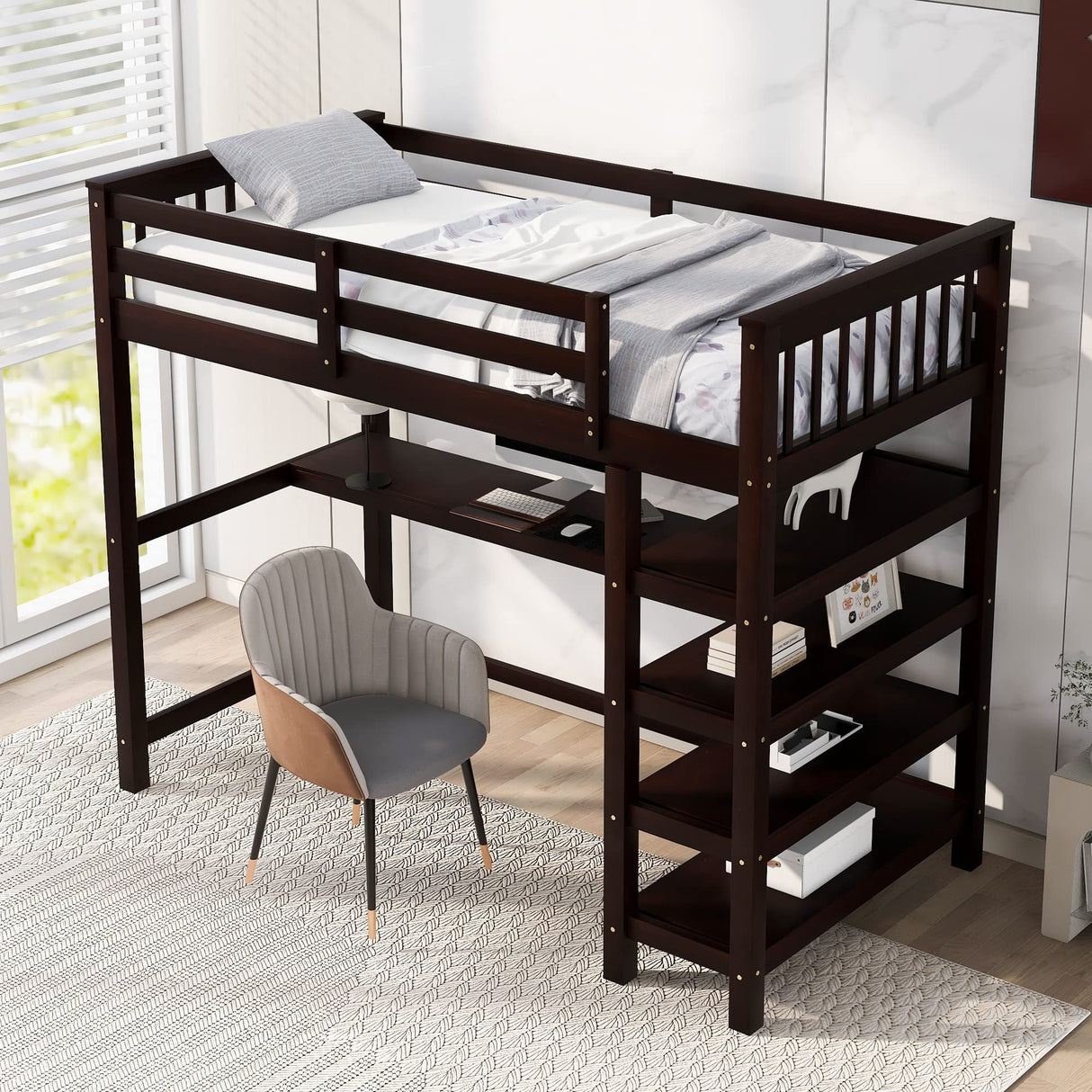 Twin Size Loft Bed with Desk & 4-Storage Shelves, Wood Loft Bed Frame with Safety Guard Rail and Under-Bed Desk, Noise Free, No Box Spring Needed, Espresso Bellemave