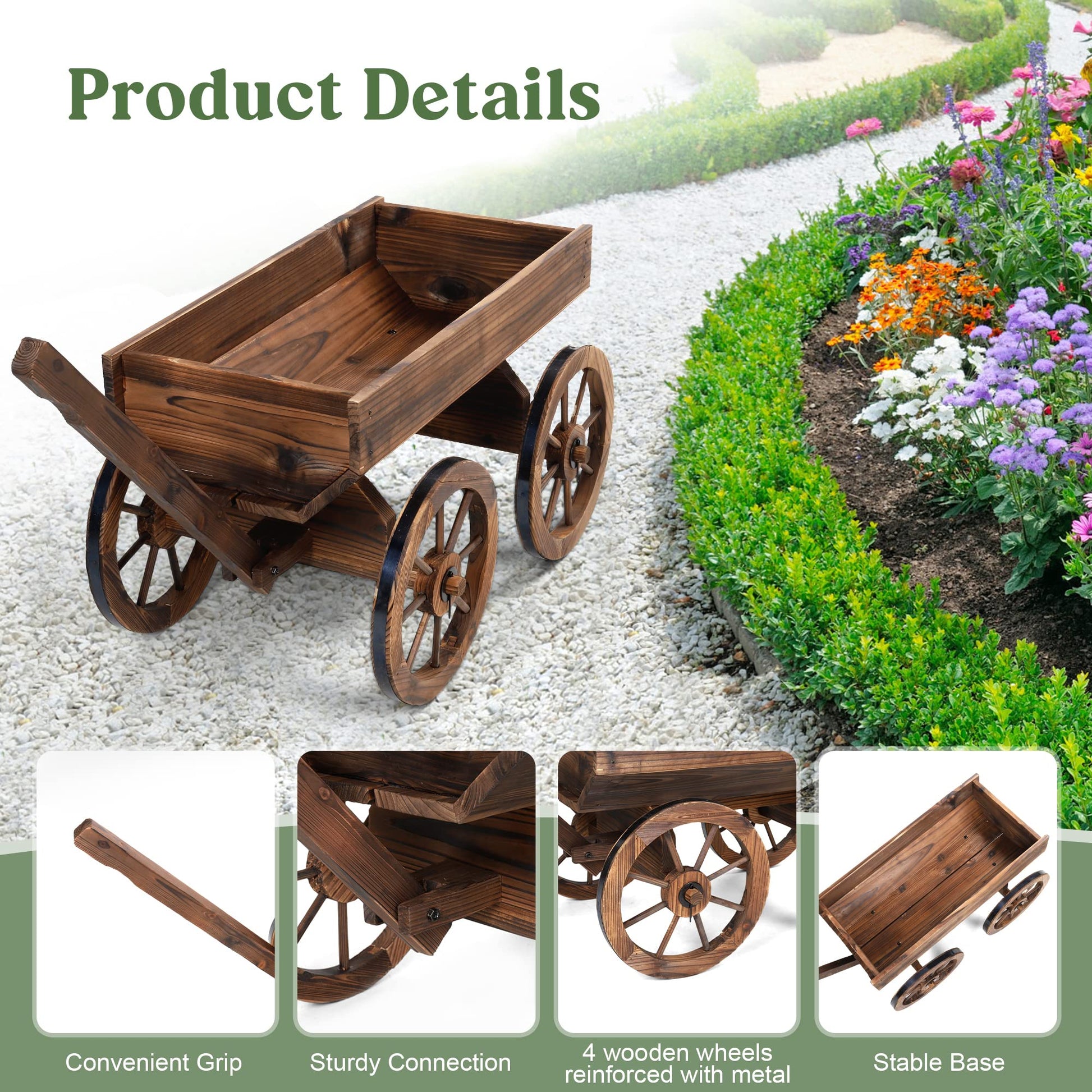 OIPRTGFJ Wood Wagon Planter for Outdoor Balcony Decor - Garden Rustic Wooden Flower Cart with Wheels for Outside Garden Decor Wheelbarrow Planter for Patio - WoodArtSupply