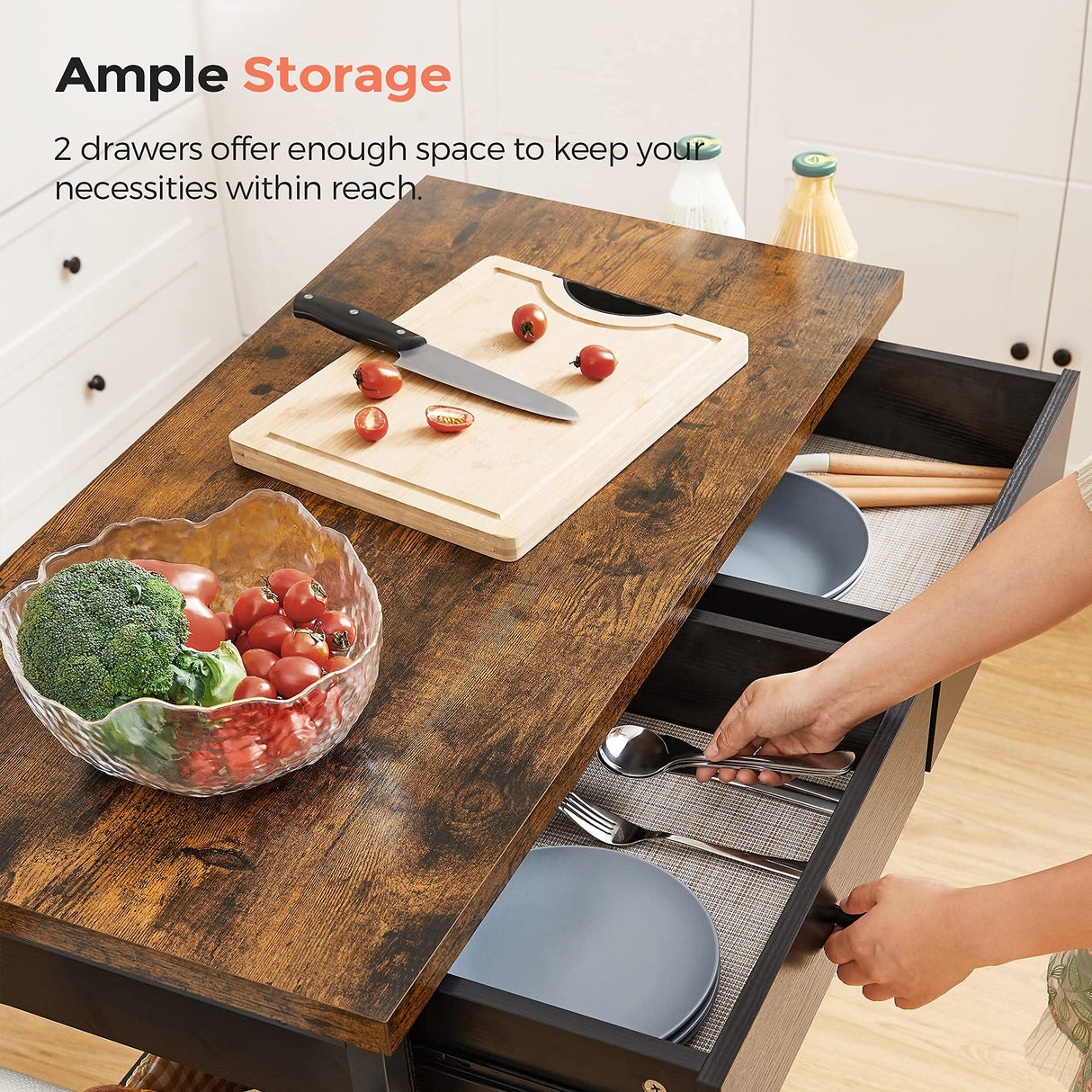 VASAGLE Kitchen Island, Kitchen Cart, 3-Tier Microwave Stand with 2 Drawers, Towel Bar, Spice Holder, 17.7 x 46.9 x 35.8 Inches, Rustic Brown and Black UKKI003B01 VASAGLE