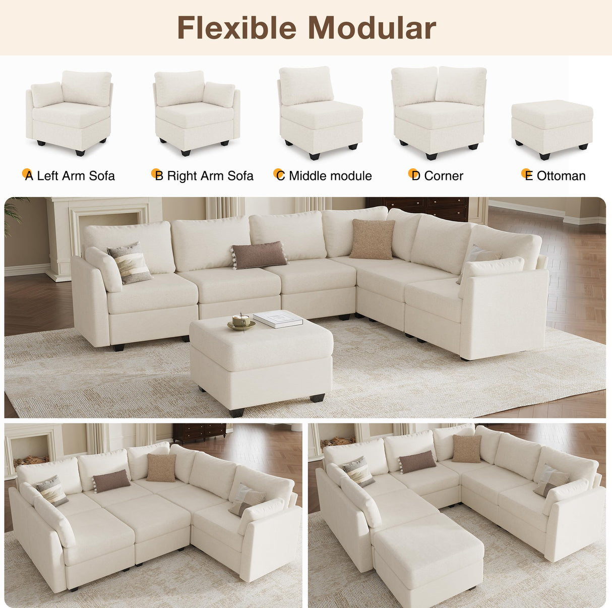 Reedvales Modular Sectional Sofa Couches, Large Convertible Modular Couches with Storage, 7-Seater Sectional Sofa for Living Room, U Shaped Sectional Couch Sleeper Sofa with Chaise (Beige, 7 Seats) Reedvales