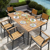 VredHom Outdoor Dining Table, 70inch Patio Dining Table with Wooden-Like Top and Aluminum Frame, Rectangular Table with Umbrella Hole Outdoor Furniture, Only Table, Brown VredHom