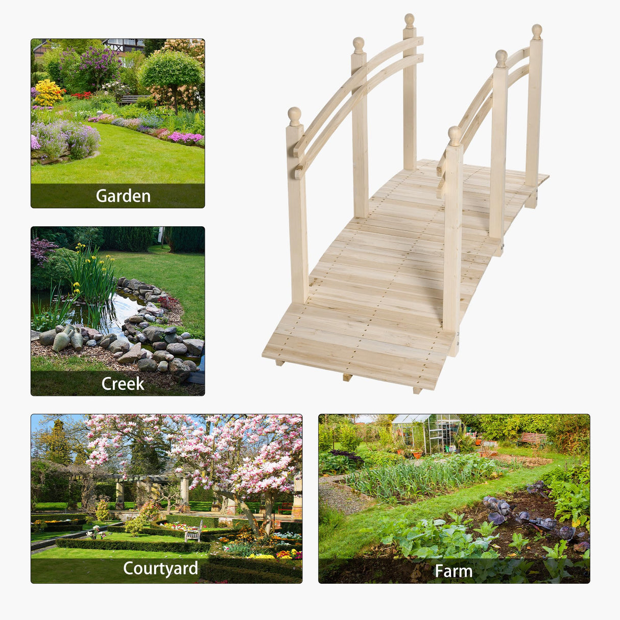 Outsunny 7.5' Wooden Arch Garden Bridge, Safety Rails for Backyard Ponds, Creeks, Streams, Natural Aosom