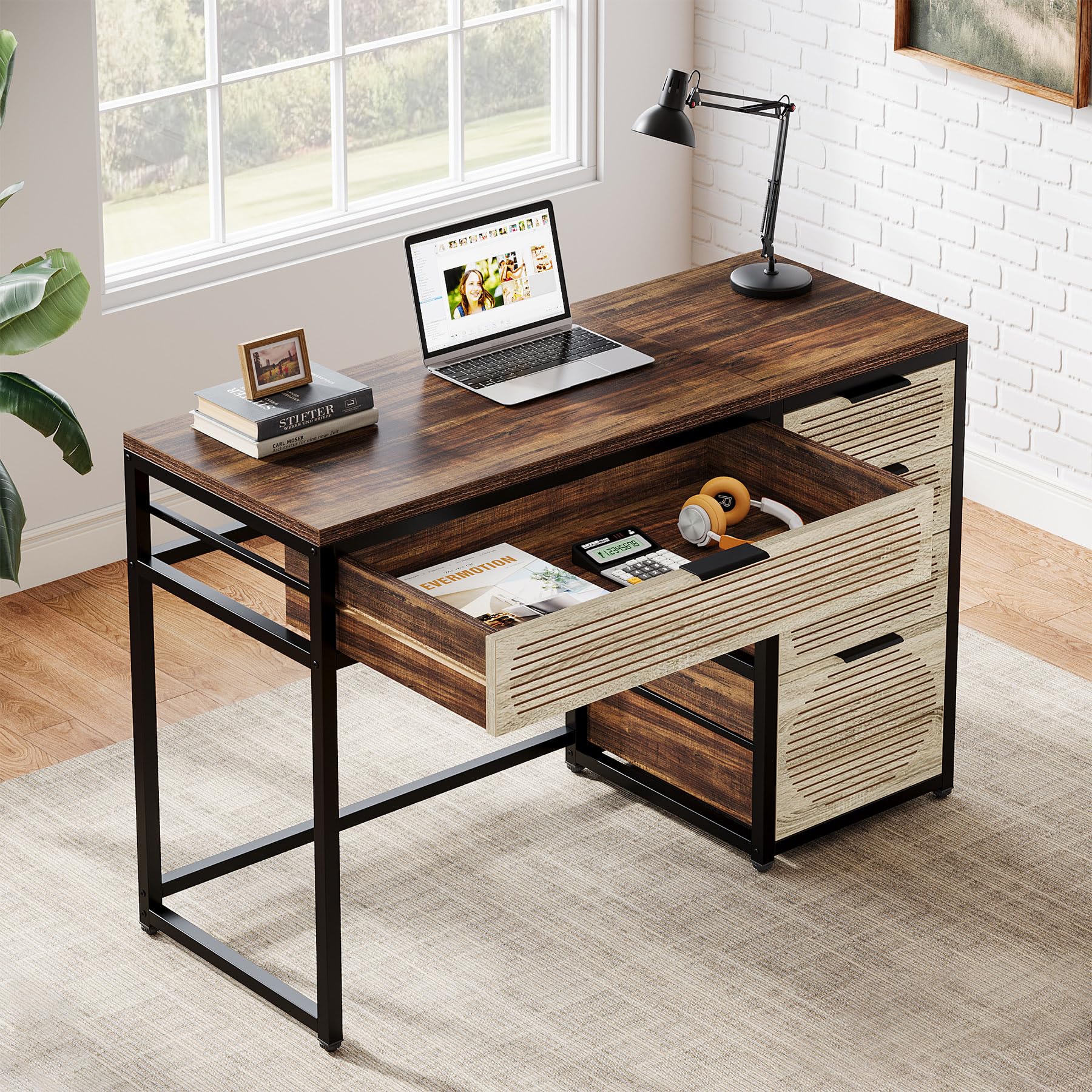 Tribesigns Computer Desk with 5 Drawers, 47-Inch Home Office Desk with Reversible Drawer Cabinet, Industrial PC Desk with Storage, Study Writing Table for Home Office, Bedroom, Rustic Brown - WoodArtSupply