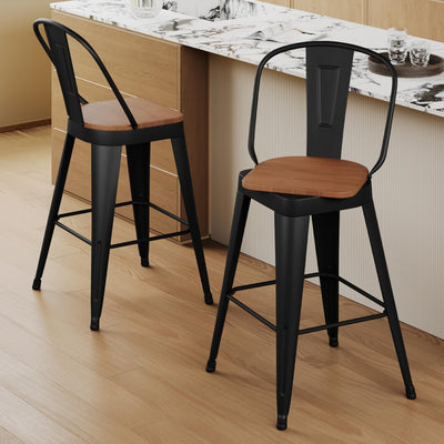 Aklaus Swivel Metal Bar Stools 24 inch Swivel Counter Height Barstools Set of 2 Modern Farmhouse Bar Chairs with High Backs and Large Wooden Seat for Kitchen Island Dining Room Matte Black