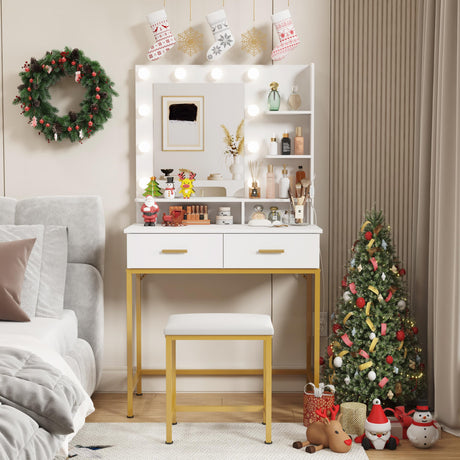 Lifewit Vanity with Mirror and Lights, Adjustable Color/Brightness, White Makeup Desk with 2 Drawers and Stool for Bedroom, Bathroom, Makeup Room Lifewit