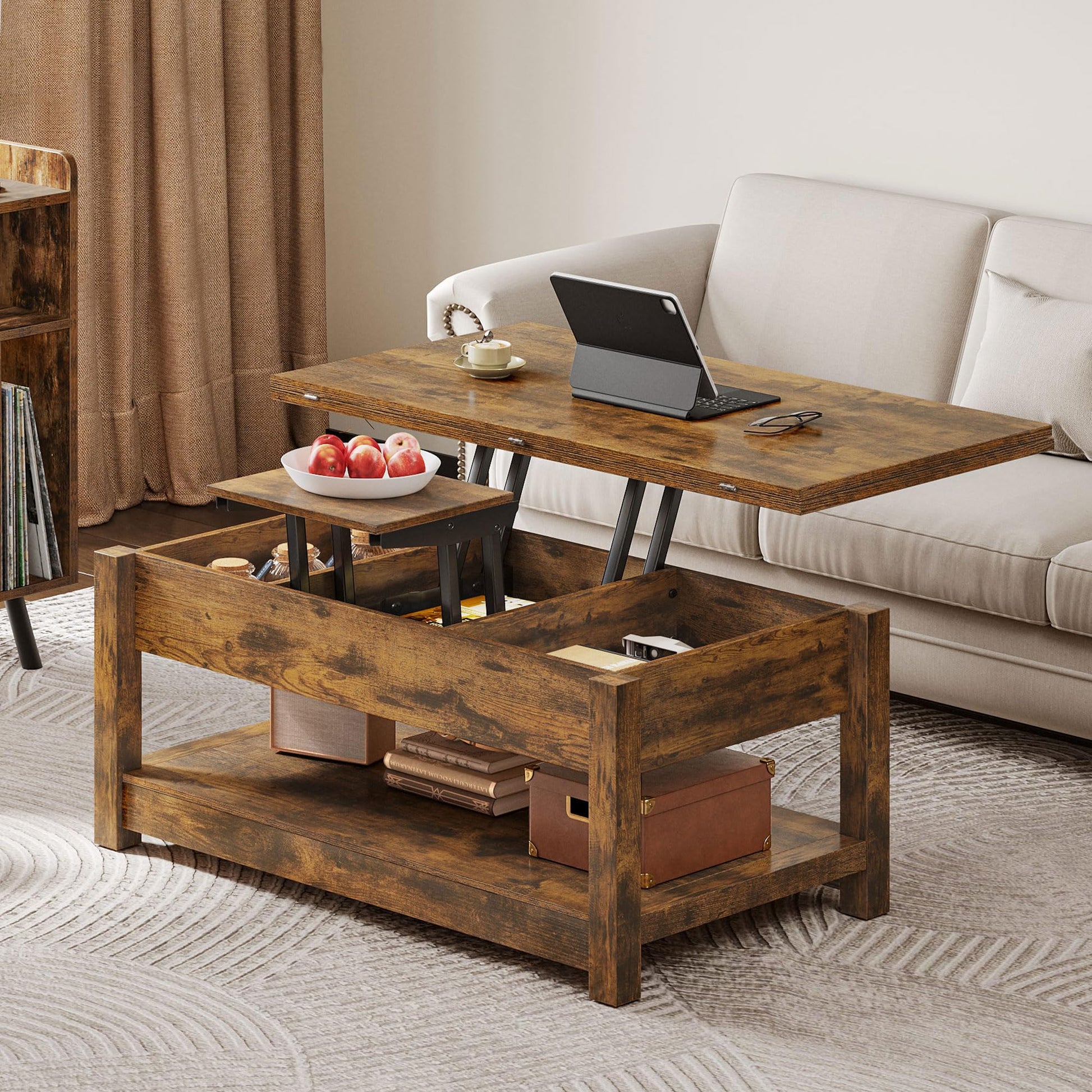 YITAHOME Coffee Tables for Living Room, Lift Top Coffee Table, 3 in 1 Multi-Function Coffee Table, with Storage, Farmhouse Coffee Table Wood Center Table with Hidden Compartment, Rustic Brown - WoodArtSupply