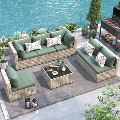 UDPATIO Patio Furniture Set Outdoor Modular Sectional Sofa Set 7 Piece Wicker Rattan Conversation Patio Couch for Porch Garden Backyard (Grey/Green)