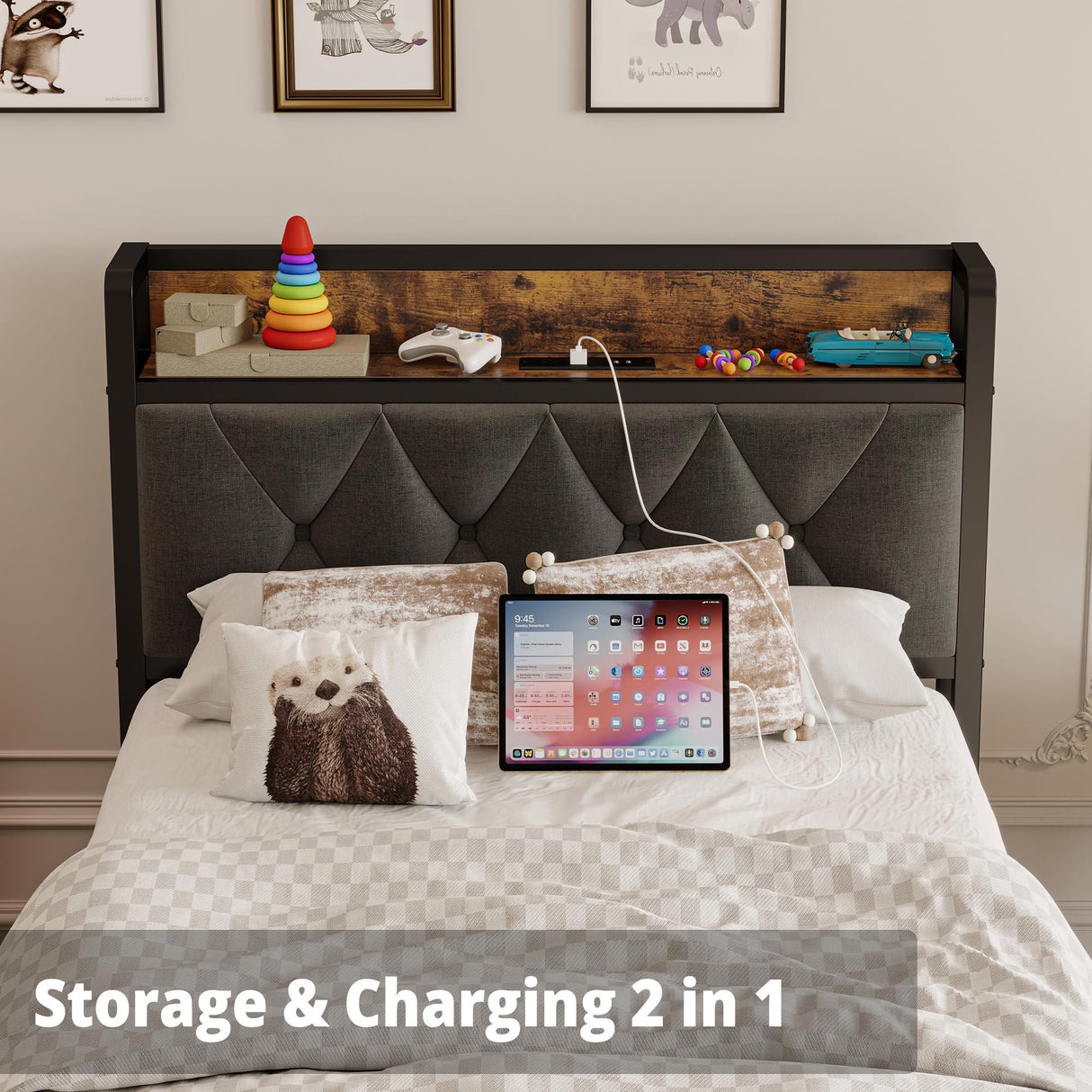 ANCTOR Twin Bed Frames, Storage Headboard with Outlets, Easy to Install, Sturdy and Stable, No Noise, No Box Springs Needed - Perfect for a Good Night's Sleep ANCTOR