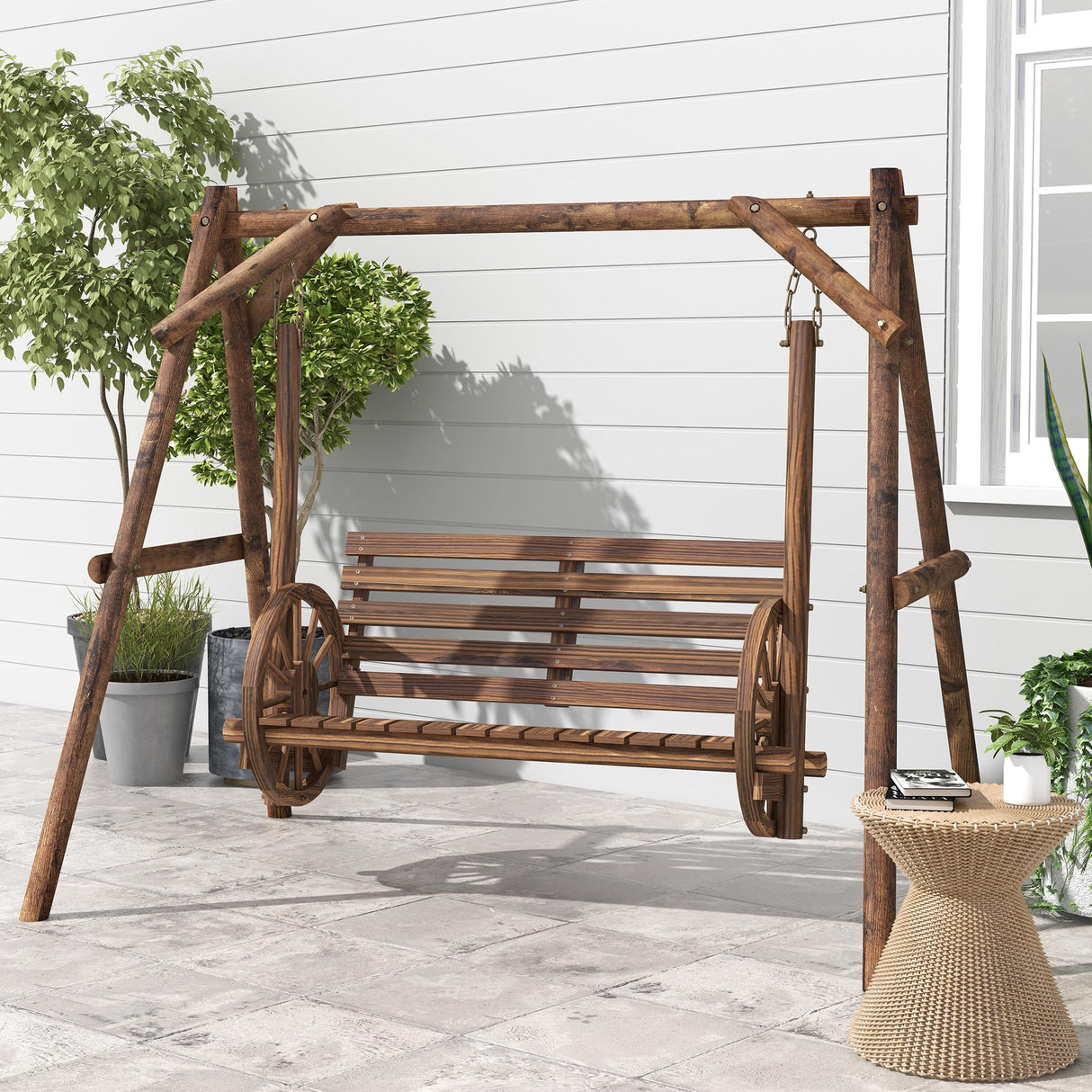 Outsunny 2-Seat Porch Swing with A-Frame Stand, Wooden Log Patio Swing Chair Bench with Wagon Shaped Armrests for Garden, Poolside, Backyard, Carbonized Brown Outsunny