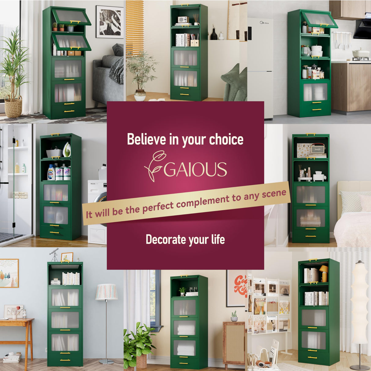 GAIOUS 5-Tier Kitchen Pantry Cabinet, Display Storage Cabinet with 4 Flip-up Acrylic Glass Doors and 1 Drawer, Green Freestanding Bakers Rack to Storage Small Microwave Spice Seasoning Bowl Cup Books GAIOUS