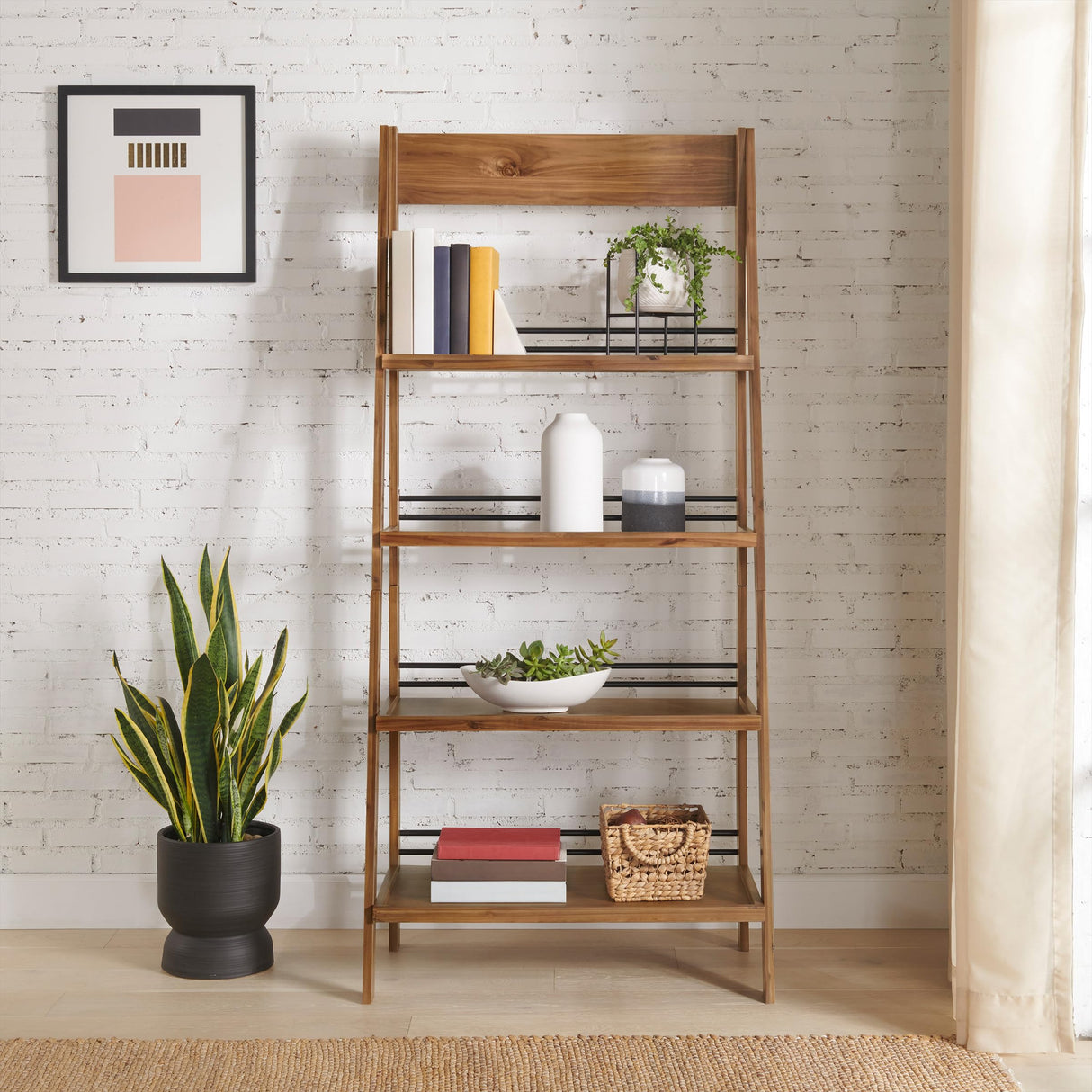 Alaterre Furniture Ladder Bookshelf - Freestanding 4-Tier Bookcase with X-Back Frame - Shelves for Living Room, Kitchen, Bedroom, and Office (Walnut) Alaterre Furniture