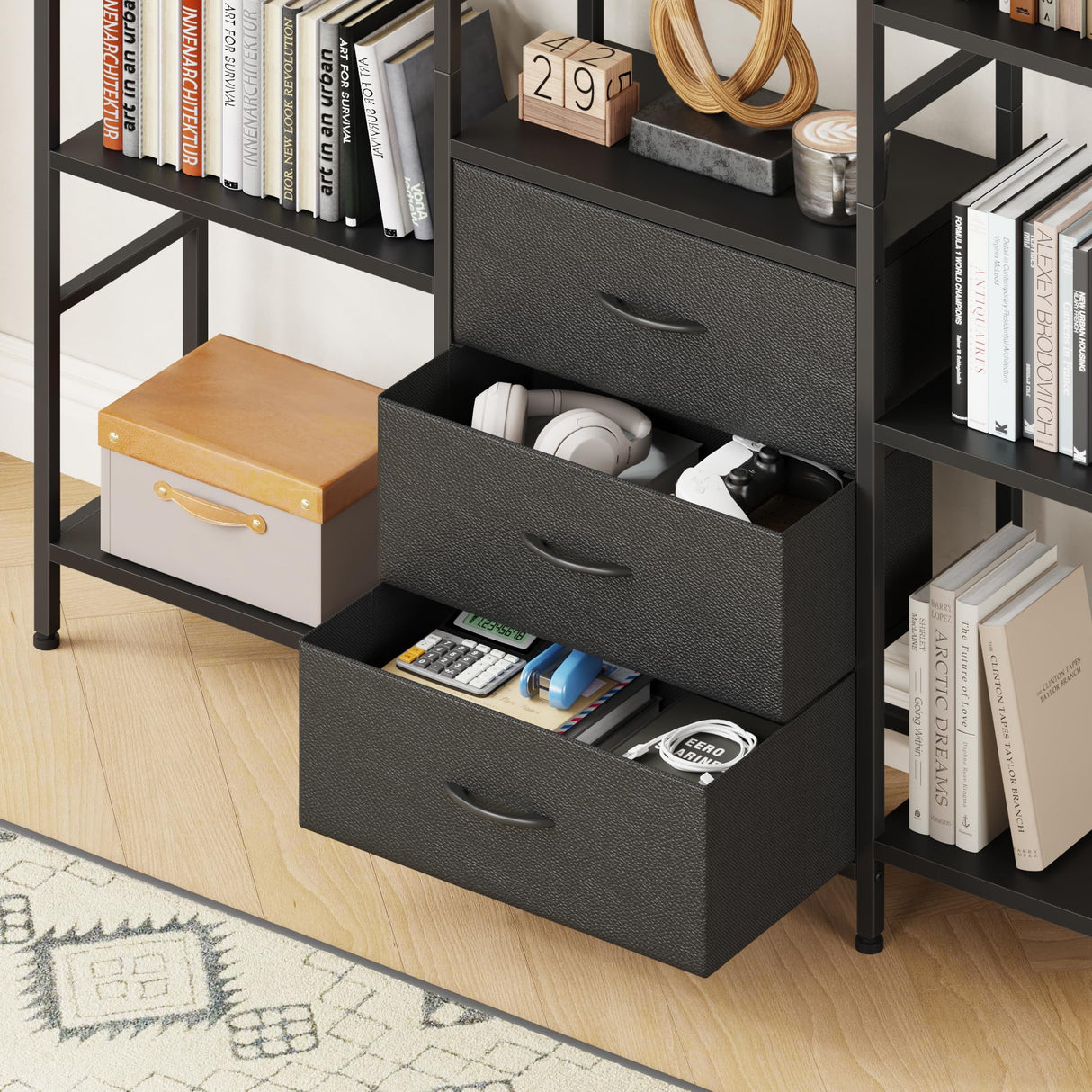 AFLUI Triple Bookshelf with 3 Fabric Drawers, 5-Tier Book Shelf and 10 Display Shelves, Industrial Large Bookcase for Home & Office, Black, 47'' Wide AFLUI