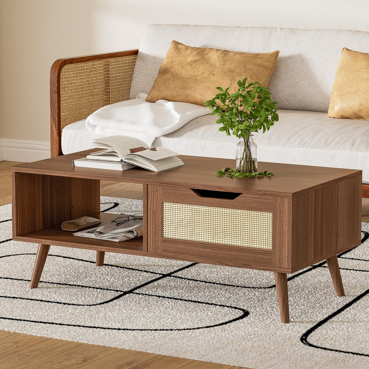 DIYART Brown Rattan Coffee table, Mid Century Modern with Drawer & Shelf, 39'' Wooden boho coffee table for Living Room DIYART