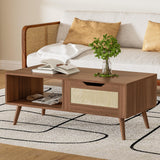 DIYART Brown Rattan Coffee table, Mid Century Modern with Drawer & Shelf, 39'' Wooden boho coffee table for Living Room DIYART