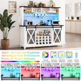 63 Inch Farmhouse Coffee Bar Cabinet with LED Lights, Wine Bar Cabinet with Storage, Kitchen Buffet Hutch with Sliding Barn Door, 15-Bottle Wine Rack, 4 Hooks & Glass Holder, Adjustable Shelves, White CayugaCrekrd