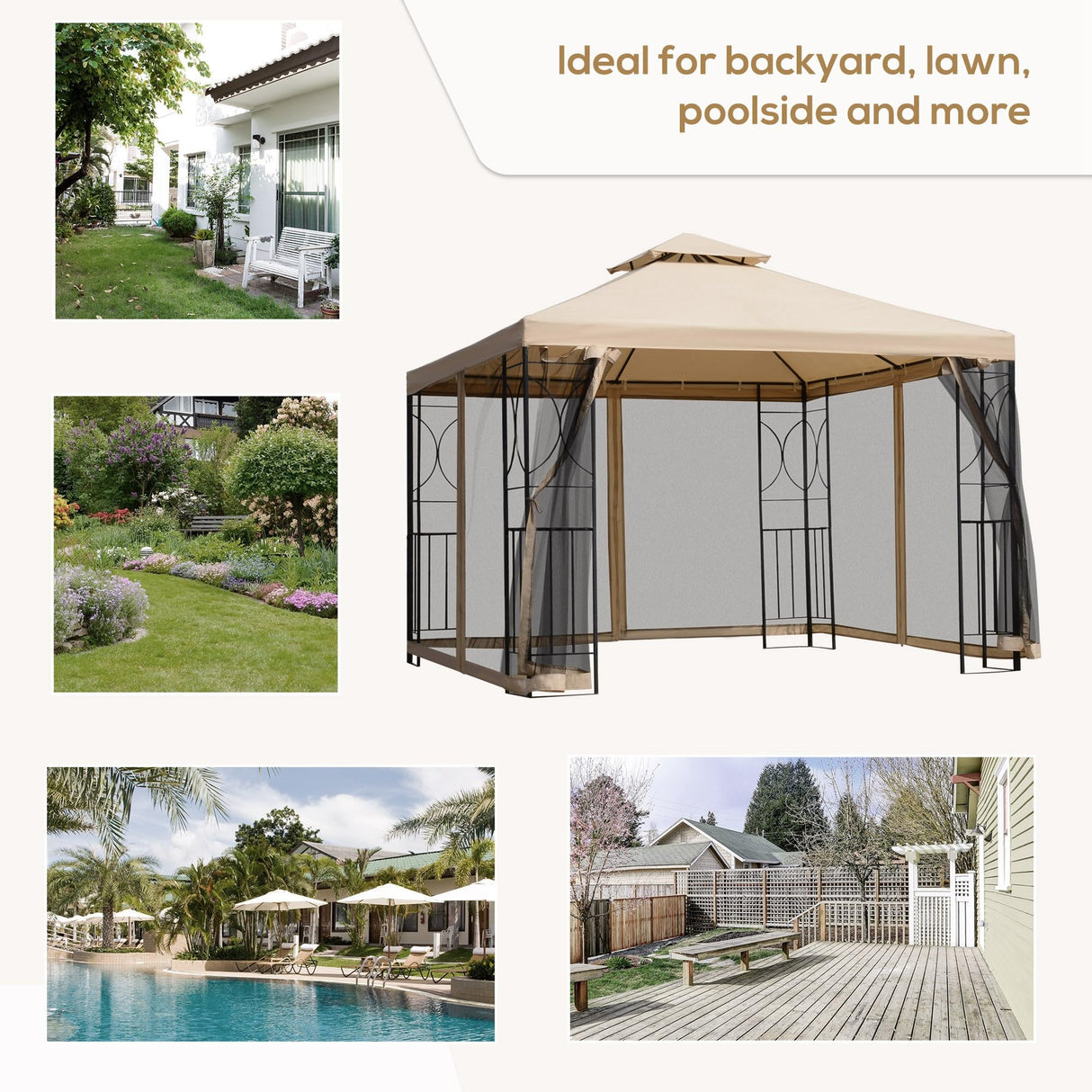 Outsunny 10' x 10' Patio Gazebo with Corner Shelves, Outdoor Gazebo Canopy Shelter with Netting, and Vented Roof, for Garden, Lawn, Backyard and Deck Outsunny