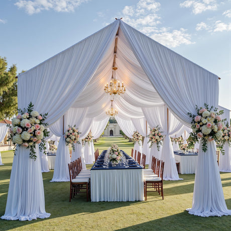 Party Village 40ftx20ft White Ceiling Curtain for Wedding Parties – 8 Panels Wrinkle-Free 20 FT Long Tent Draping Curtains for Wedding, Birthday & Theme Parties, 20ft Height with Rod Pocket Party Village