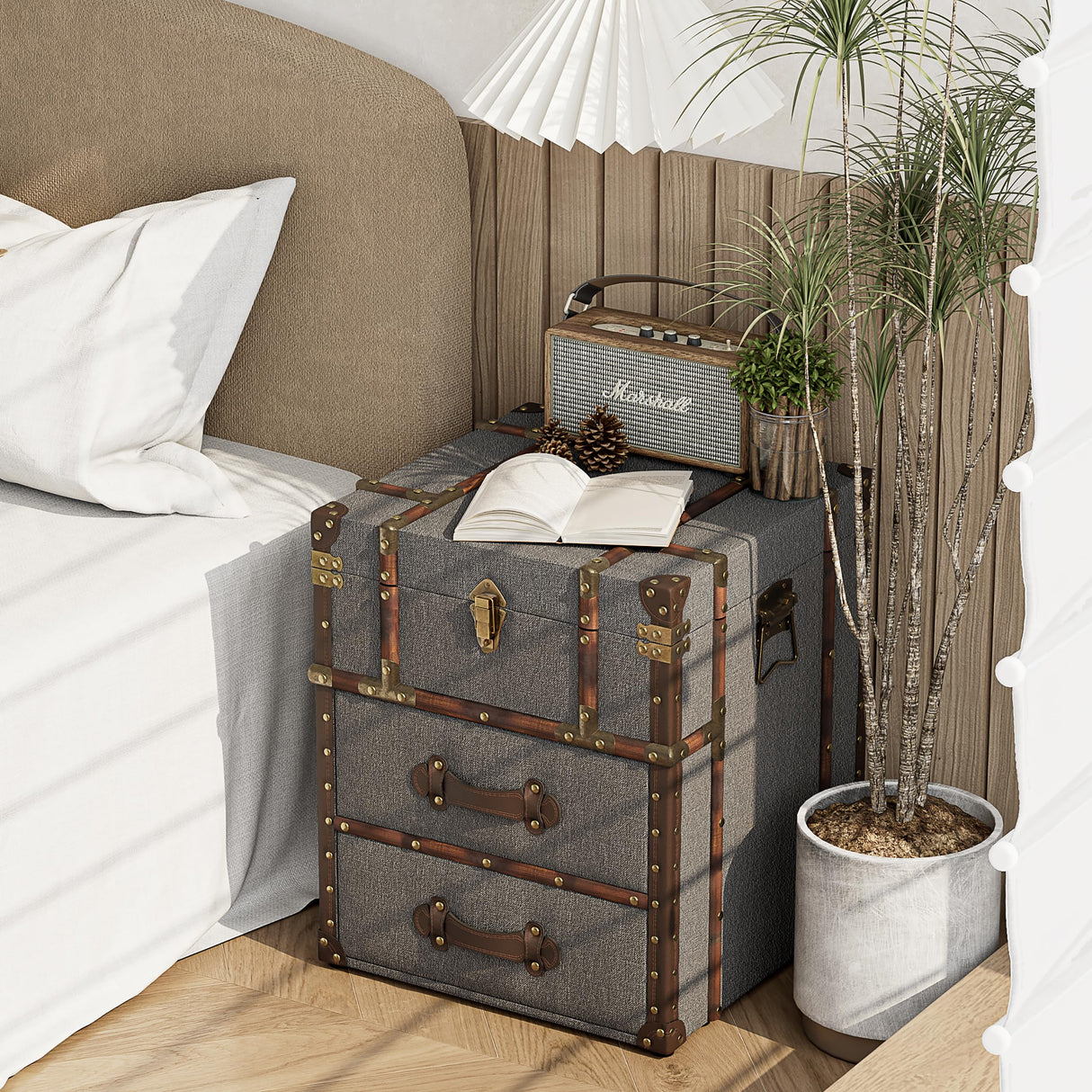 Aoikax Vintage Storage Chest with Buckle Hinged Top, Linen Accent End Side Table for Living Room, Office, Bedroom, Rectangle, Grey Aoikax