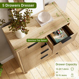 GarveeHome Oak Fluted 5 Drawer Dresser for Bedroom, Modern Wood Chest of Drawers with Wide Drawers, Closet Dresser Organizer with Anti-Tipping Device and Metal Legs for Hallway Entryway GarveeHome