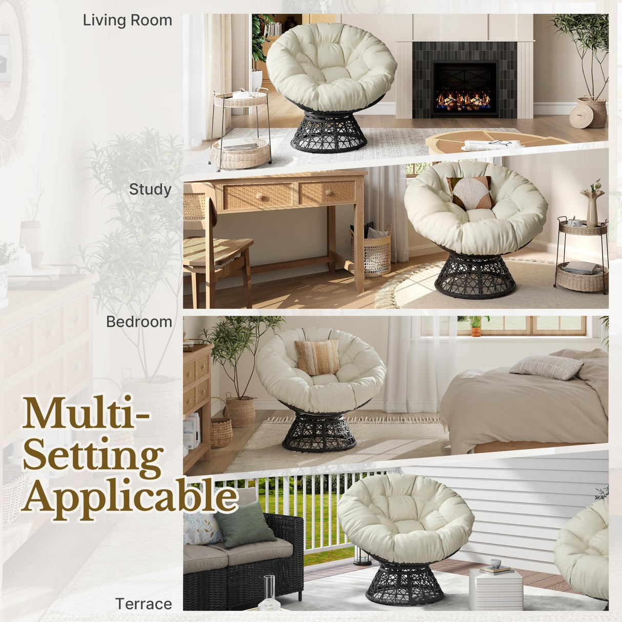 Yaheetech Indoor Papasan Chairs with Thick Tufted Cushions and Frame, Swivel Wicker Ergonomic Lounge Reading Chairs for Living Room/Bedroom, Beige Yaheetech