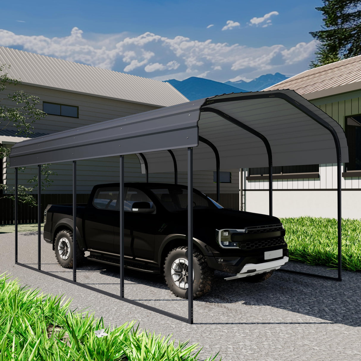 Chilihom Car Port Metal Carport 12 ×20 FT Heavy Duty Carport Kit, Metal Garage Carport Canopy with Galvanized Steel Frame and Roof, Car Tent Shelter Outdoor Storage Shed for Boats and Truck, Charcoal Chilihom