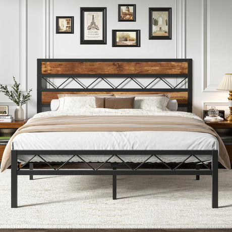VECELO Full Size Bed Frame with Headboard, Heavy-Duty Platform Bedframe with Metal Slats Support, No Box Spring Needed, Easy Assembly, Black & Brown VECELO