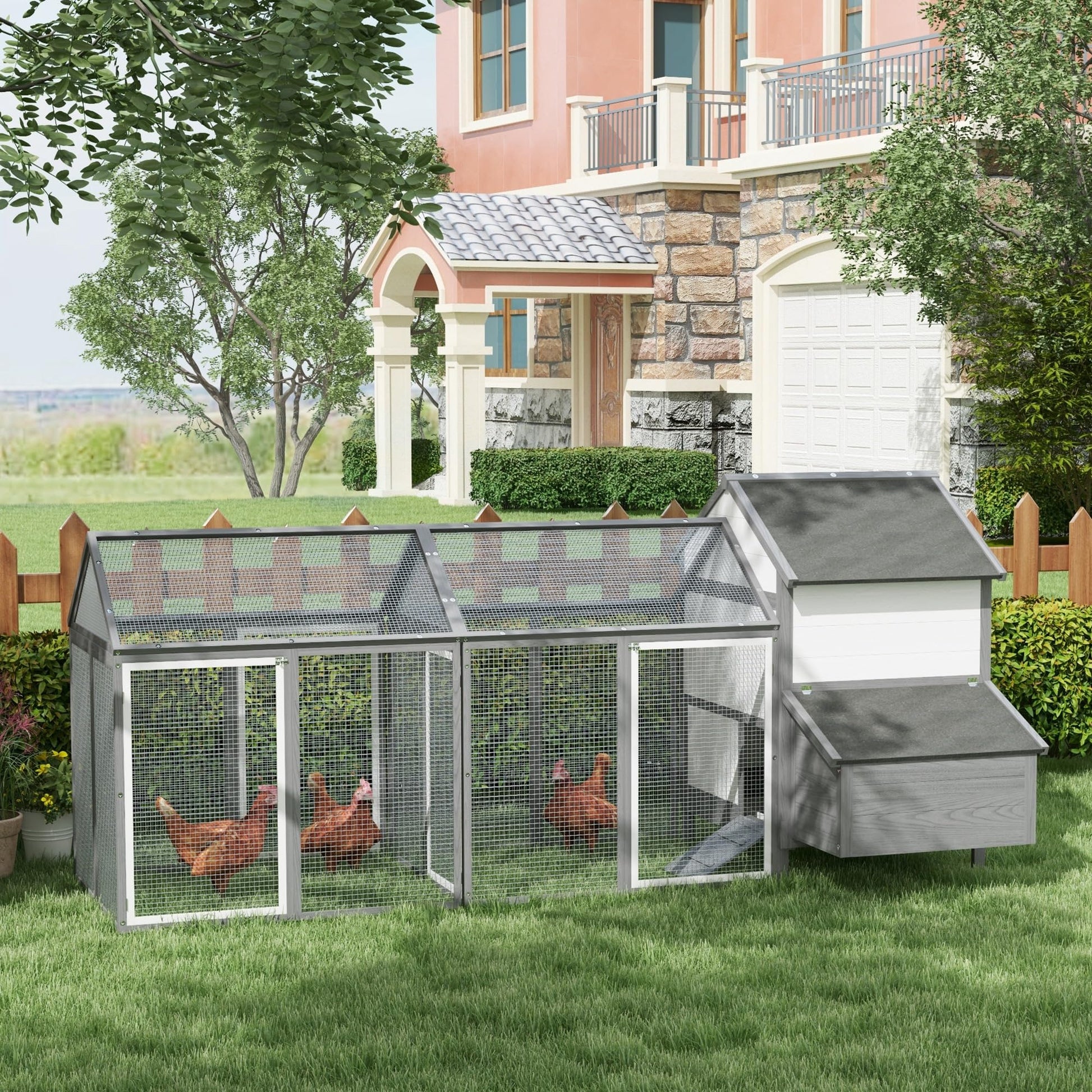 PawHut 100" Chicken Coop Wooden Chicken House Large Rabbit Hutch Poultry Cage Hen Pen Backyard with Double Run, Nesting Box - WoodArtSupply