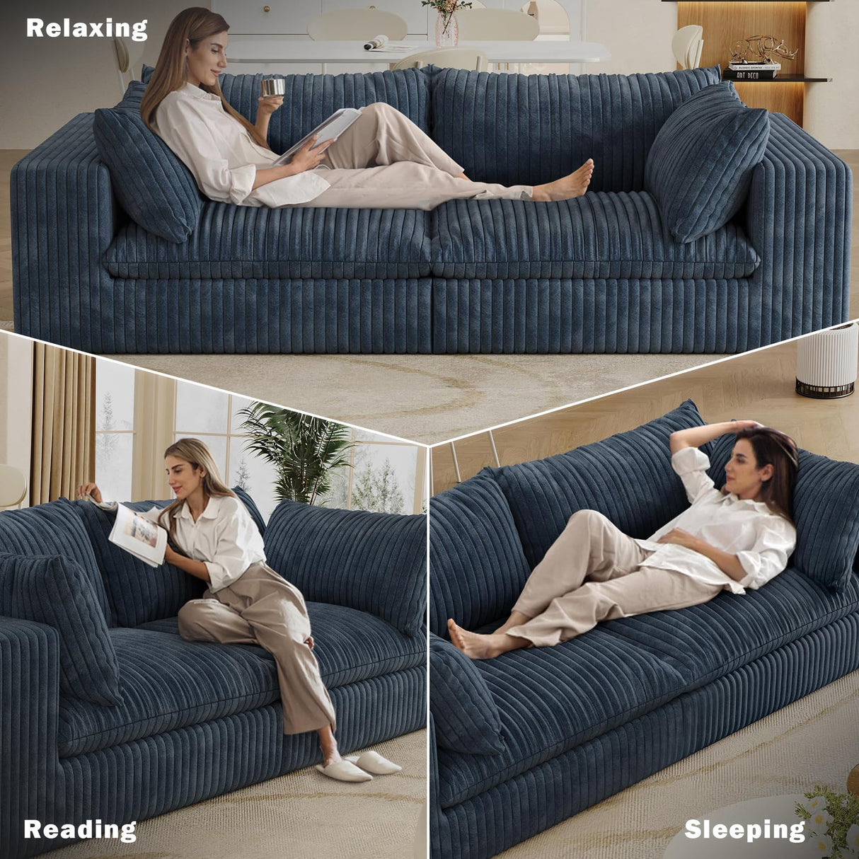 CKEASEAN 78.8" Corduroy Boneless Loveseat Couch with Removable Cushion, Cloud sectional Sofa, No Assembly Required, Compression Sofa in a Box, DlY Combination for Living Room (Blue) CKEASEAN