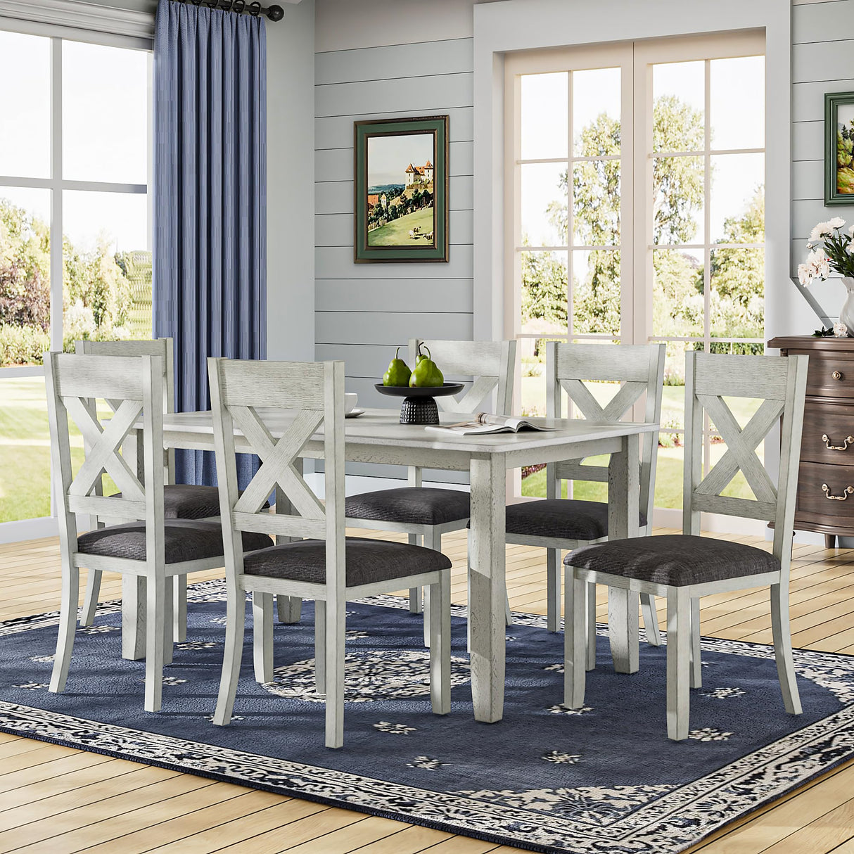 VECELO Peatuk 6-Piece Solid Wood Dining Table Set for 6, Modern Breakfast Dinette Kitchen Table with Chairs for Dining Room, Kitchen, Grey Peatuk