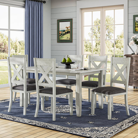 VECELO Peatuk 6-Piece Solid Wood Dining Table Set for 6, Modern Breakfast Dinette Kitchen Table with Chairs for Dining Room, Kitchen, Grey Peatuk