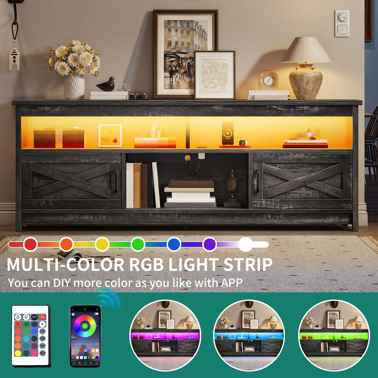 YITAHOME Farmhouse TV Stand for 65/55 Inch Television, LED Entertainment Center Television Stand with Power Outlets and Open Shelf, Media Console TV Cabinet for Living Room, Dark Grey YITAHOME