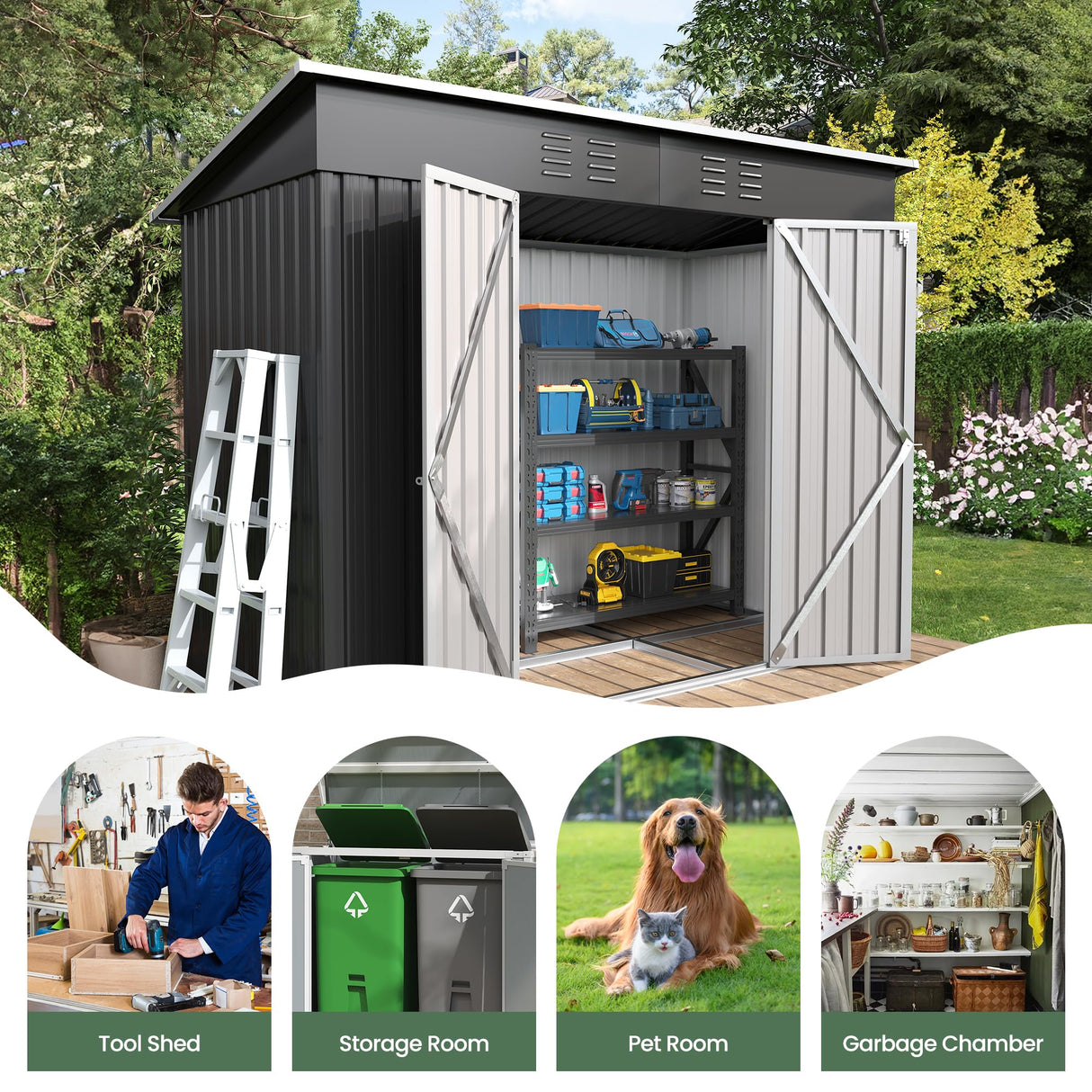 VONZOY 8x4 FT Outdoor Storage Shed,Metal Shed Garden Shed with Lockable Door for Bike, Garbage Can,Tool Shed for Backyard,Patio,Lawn(Grey) VONZOY