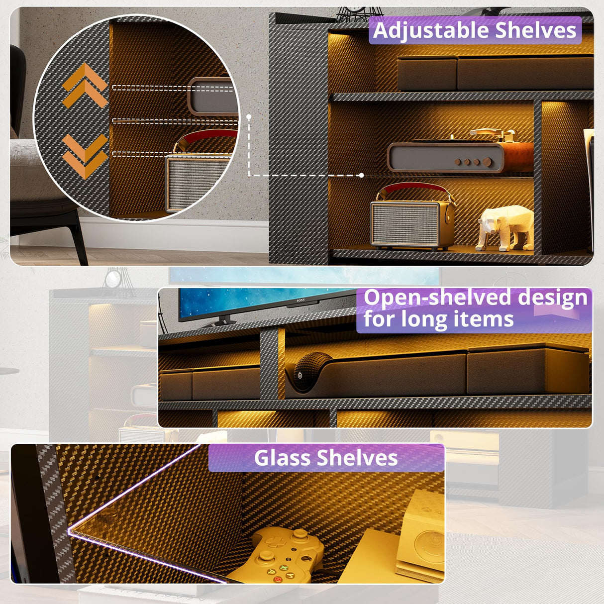 IRONCK Entertainment Center with Storage, 47 Inch Tall TV Stand W/Power Outlet, LED Gaming TV Cabinet for PS4, Black TV Stand with Carbon Fiber IRONCK