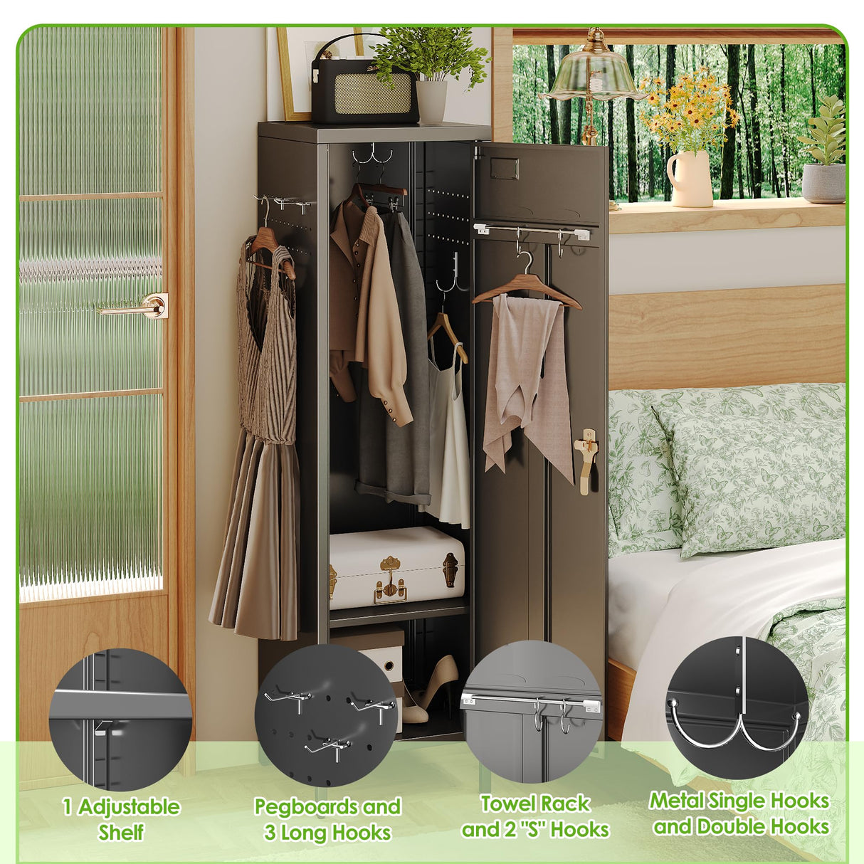 SUPEER 1 Door Metal Storage Lockers with Handle and Hanging Rod,Metal Locker for Employees with Pegboard and Hooks for Home,Office,Gym, School, Garage,Assembly Required,Black SUPEER