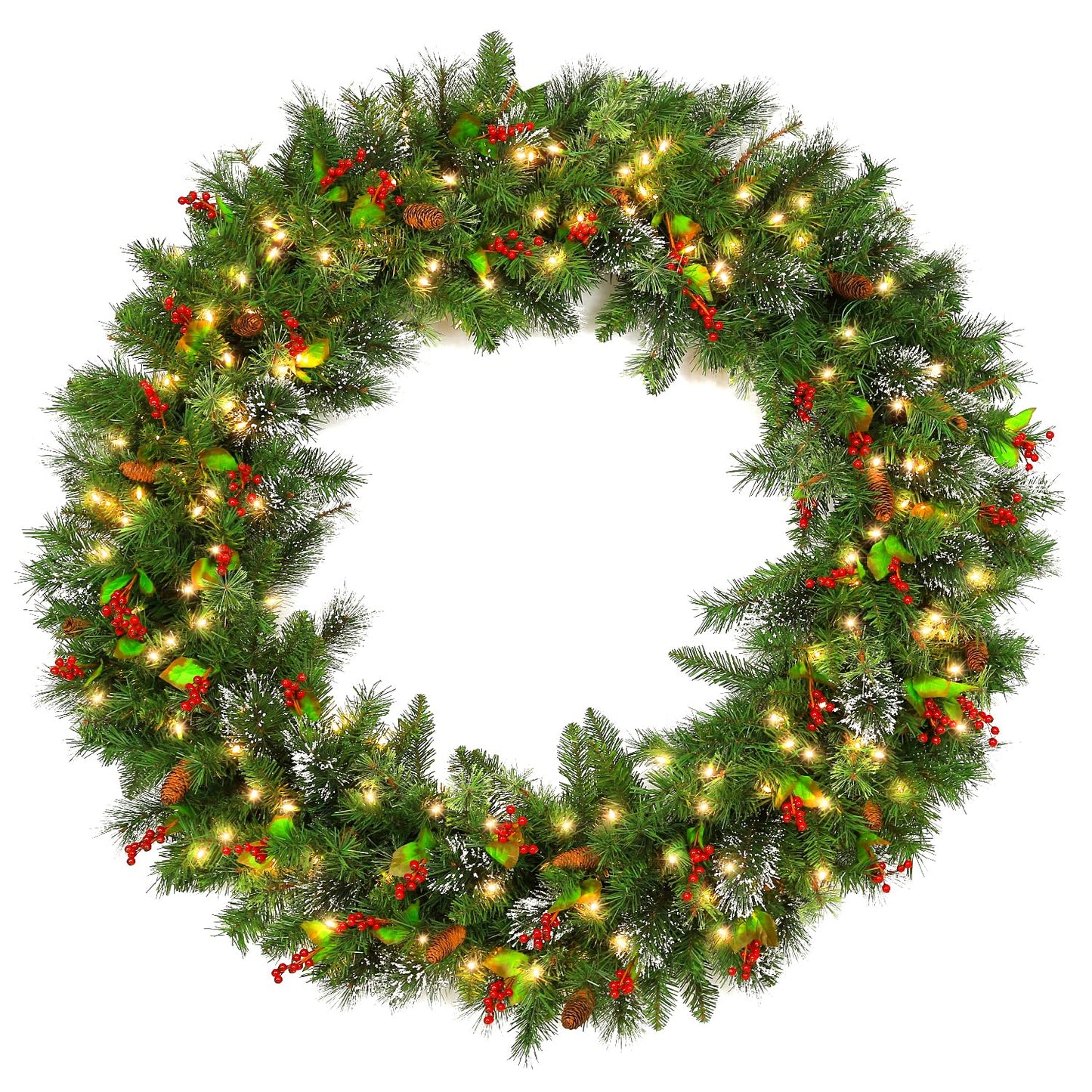 Hykolity 48 in. Large Pre-Lit Christmas Wreath with 200 Warm White LED Lights, 434 Branch Tips, Artificial Wintry Pine Wreath with Timer, Pinecones & Red Berries, Plug in