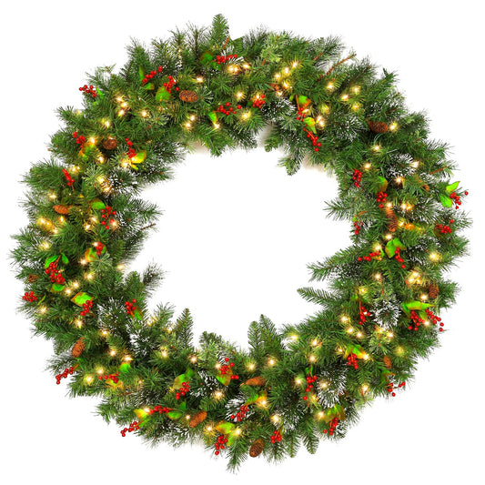 Hykolity 48 in. Large Pre-Lit Christmas Wreath with 200 Warm White LED Lights, 434 Branch Tips, Artificial Wintry Pine Wreath with Timer, Pinecones & Red Berries, Plug in