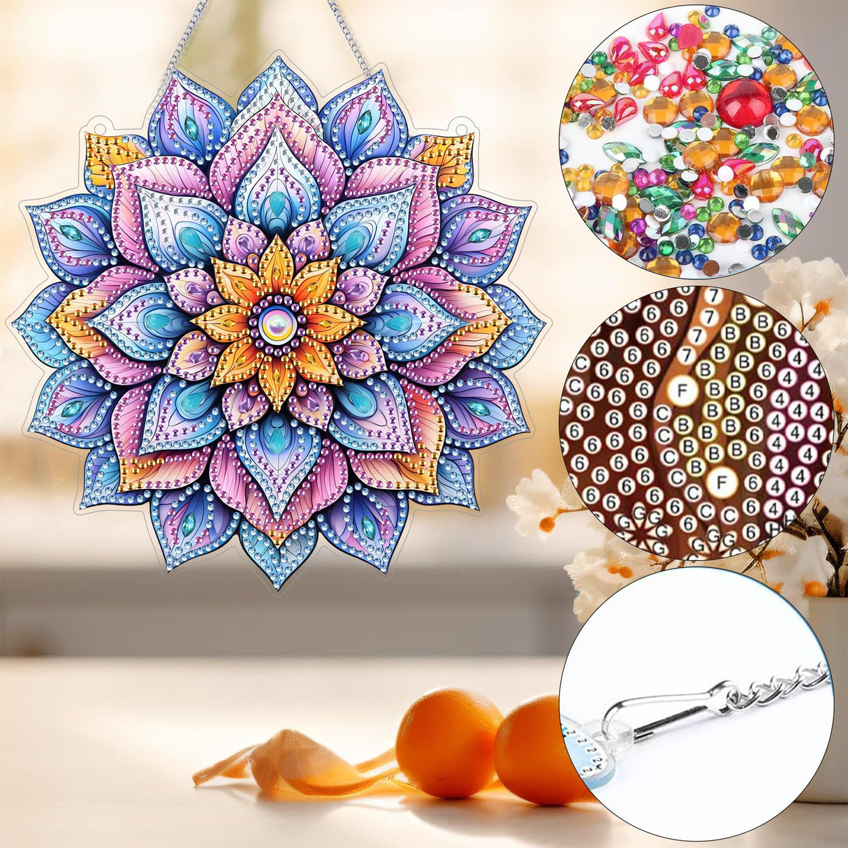 Bimkole Mandala Flower Diamond Art Hanging Kit for Adult, DIY 5D Diamond Art Window Pendant, Acrylic Crystal Art Hanging Ornament Home Wall Garden Front Door Sign Outdoor Decor 7.8x7.8 Inch Bimkole