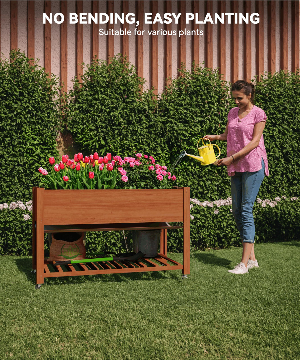 GarveeHome Raised Garden Bed 48x24x32-Inch Mobile Elevated Wood Planter Raised Beds w/Lockable Wheels, Storage Shelf, and Protective Liner for Indoor/Outdoor Gardening,Acorn Brown GarveeHome