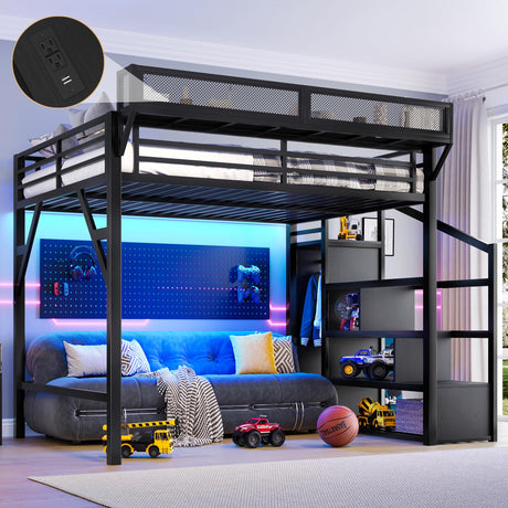 Bellemave Queen Loft Bed Frame with Storage Stairs, Beside Shelf & Wardrobe, Metal Queen Size Loft Bed with USB Ports & LED Light, Large Under-Bed Space Loft Beds for Adults, Teens, Kids, Black Bellemave